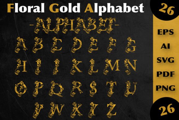 Floral Gold Alphabet Capital a to Z for Graphics and Illustrations